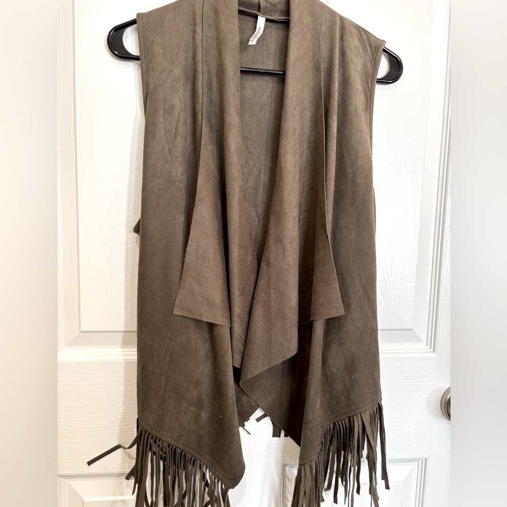 MITTOSHOP Size Med Solid Olive Green Long Fringed Suede Vest